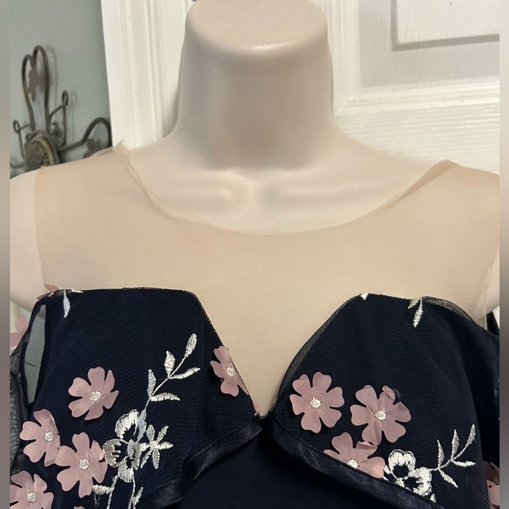 Prelude Navy Dress Floral Illusion Cold Shoulder 3-D Flowers Sz Small Formal View 3